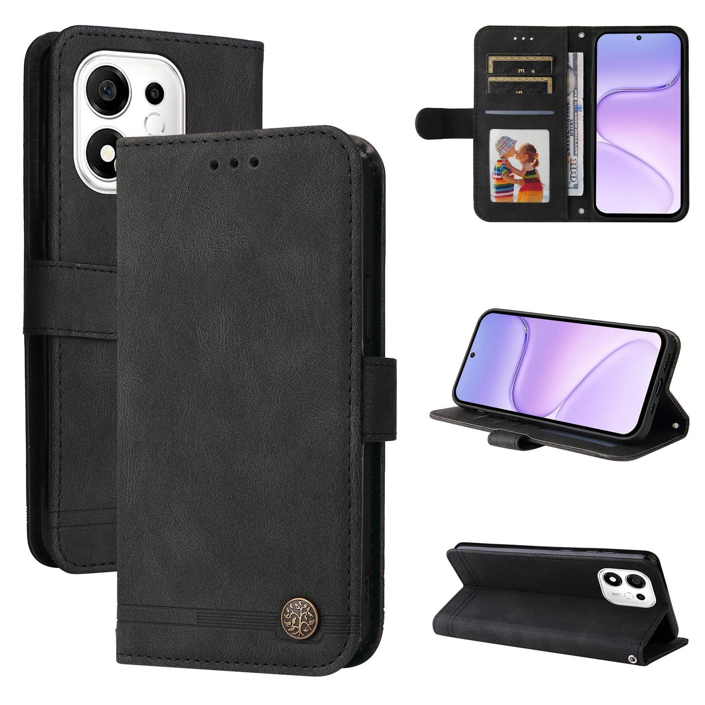For Honor 600 Smart 5G Skin Feel Life Tree Metal Button Leather Phone Case(Black)