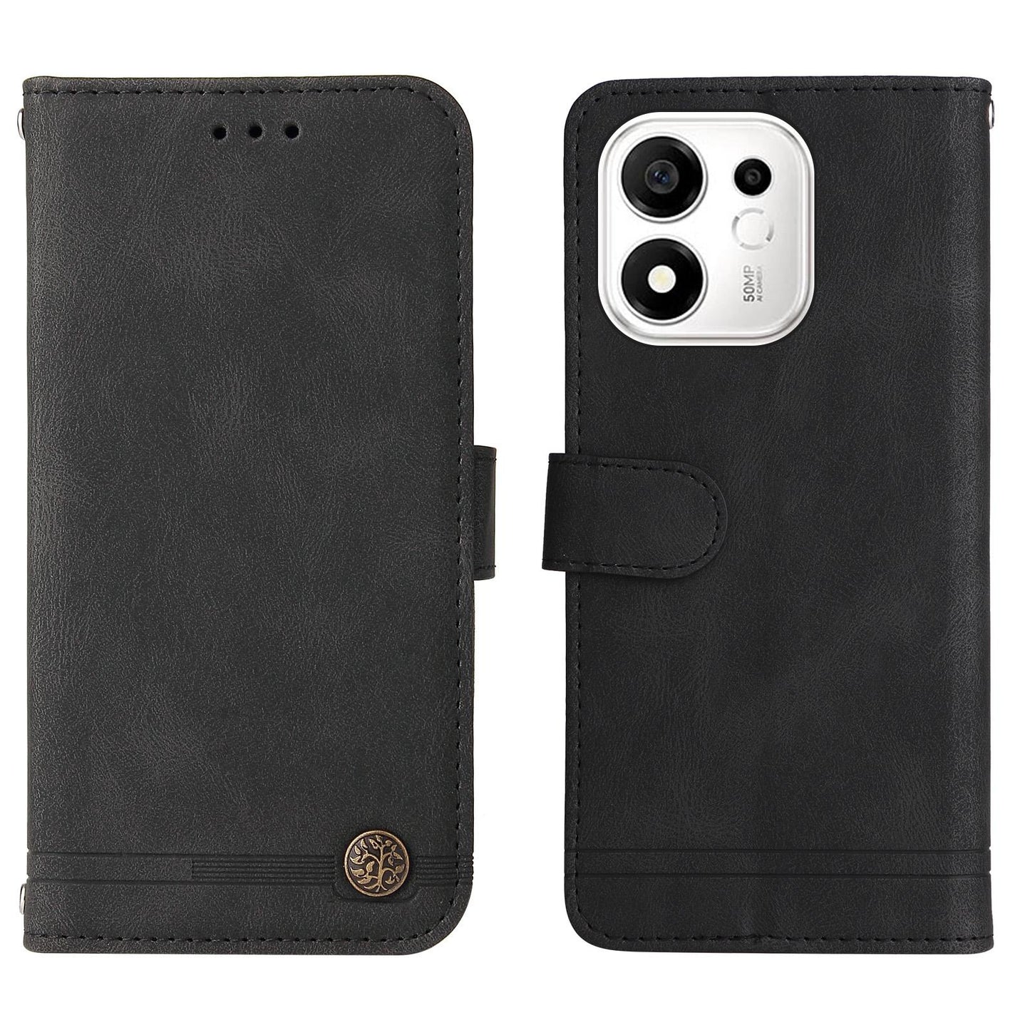 For Honor 600 Smart 5G Skin Feel Life Tree Metal Button Leather Phone Case(Black)