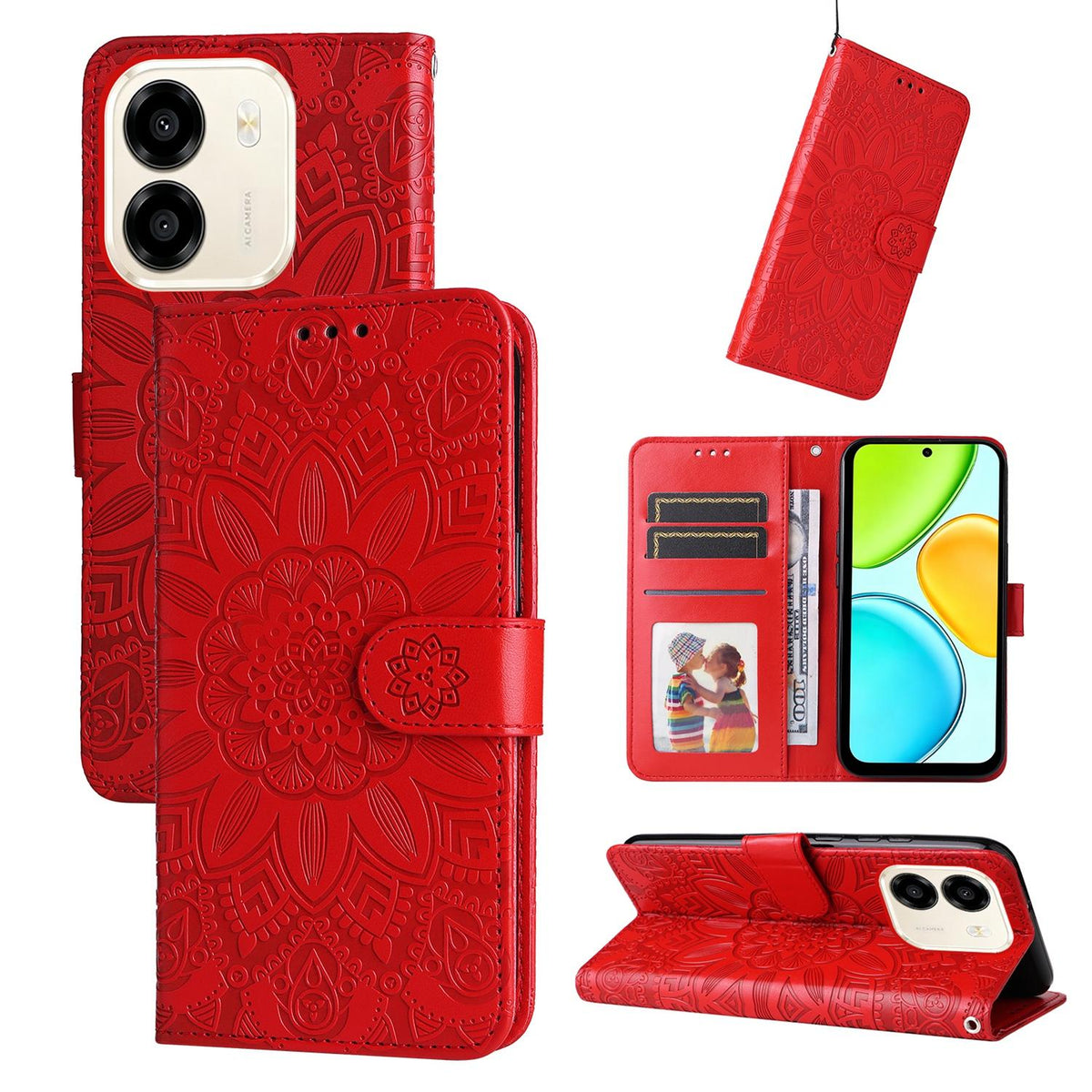For Honor X6e 4G / X7e 4G / Play 80 Plus 5G Embossed Sunflower Leather Phone Case - Red - EDA004648639A