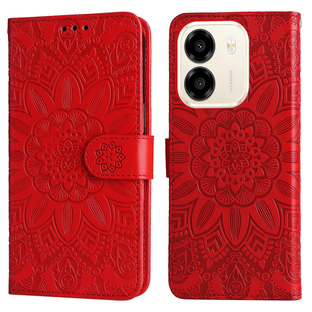 For Honor X6e 4G / X7e 4G / Play 80 Plus 5G Embossed Sunflower Leather Phone Case - Red - EDA004648639A
