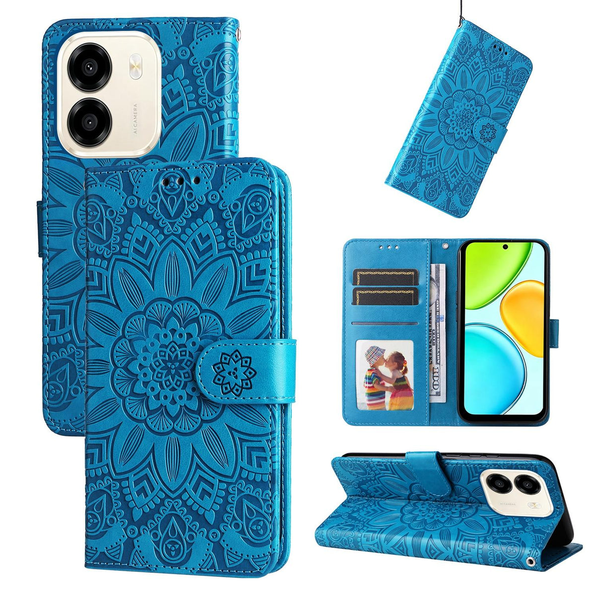 For Honor X6e 4G / X7e 4G / Play 80 Plus 5G Embossed Sunflower Leather Phone Case - Blue - EDA004648639B