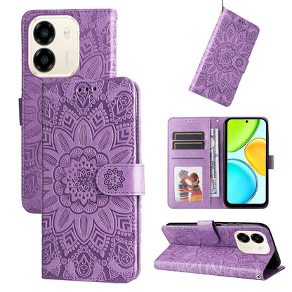 For Honor X6e 4G / X7e 4G / Play 80 Plus 5G Embossed Sunflower Leather Phone Case - Purple - EDA004648639C
