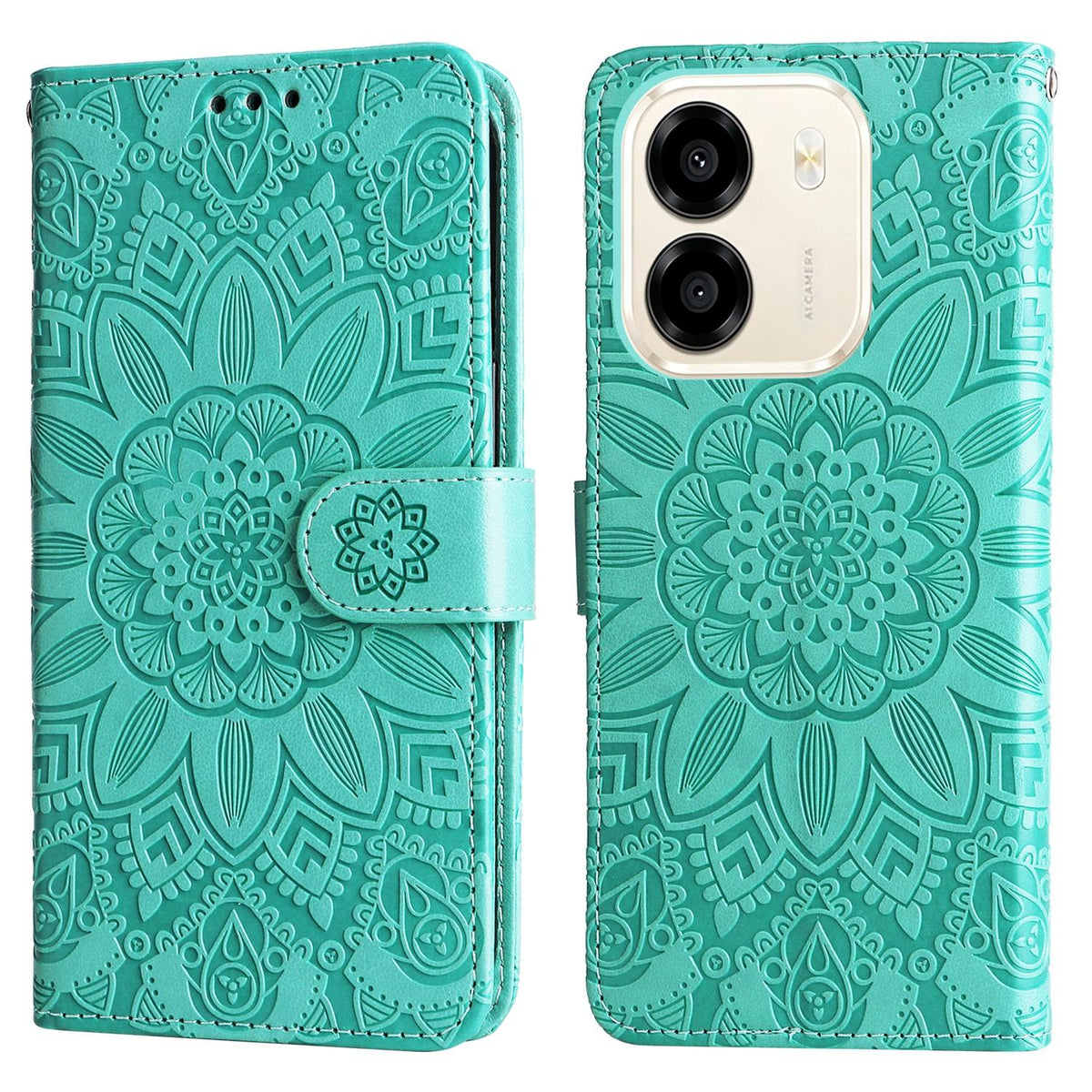 For Honor X6e 4G / X7e 4G / Play 80 Plus 5G Embossed Sunflower Leather Phone Case - Green - EDA004648639D