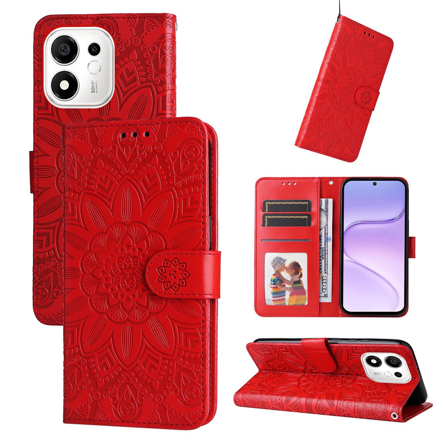 For Honor 600 Smart 5G Embossed Sunflower Leather Phone Case(Red)