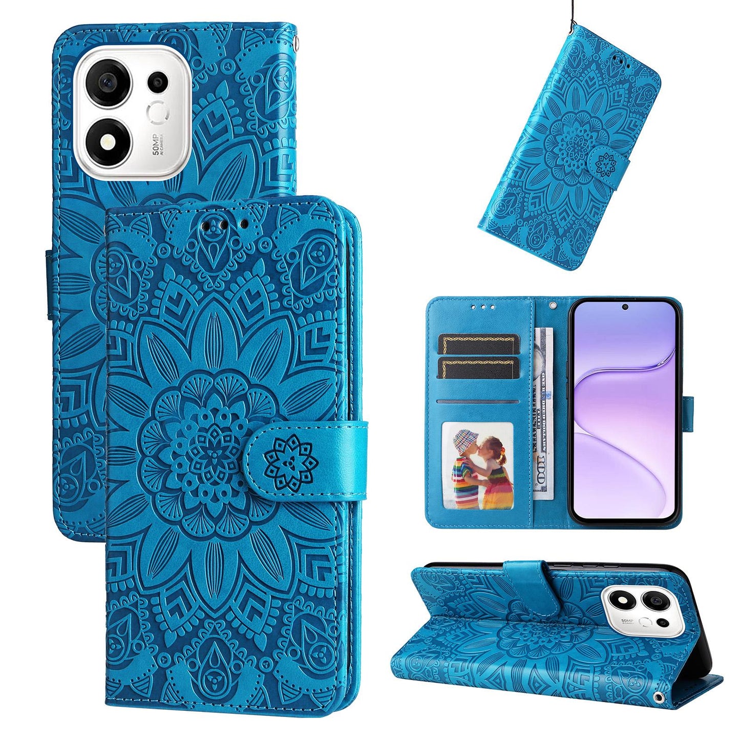 For Honor 600 Smart 5G Embossed Sunflower Leather Phone Case(Blue)