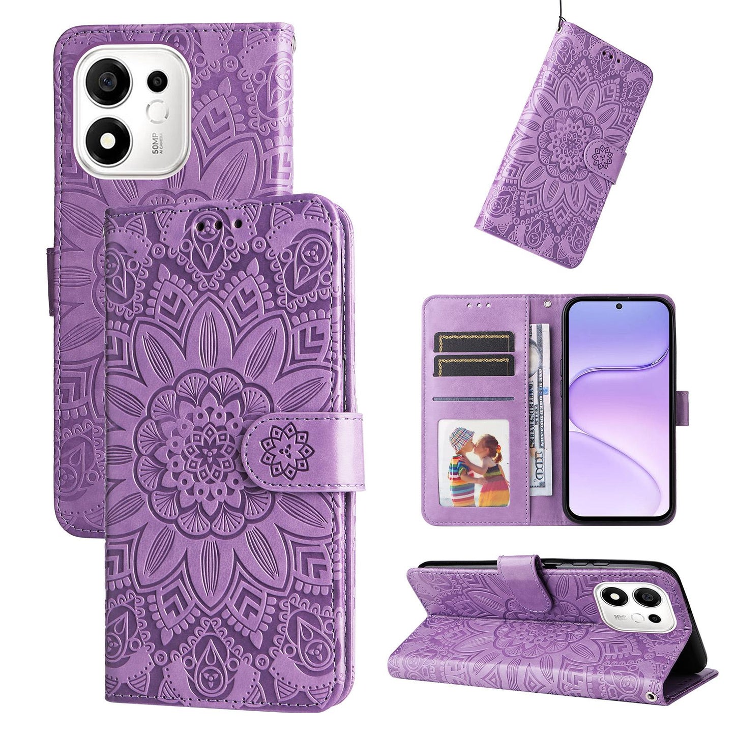 For Honor 600 Smart 5G Embossed Sunflower Leather Phone Case(Purple)