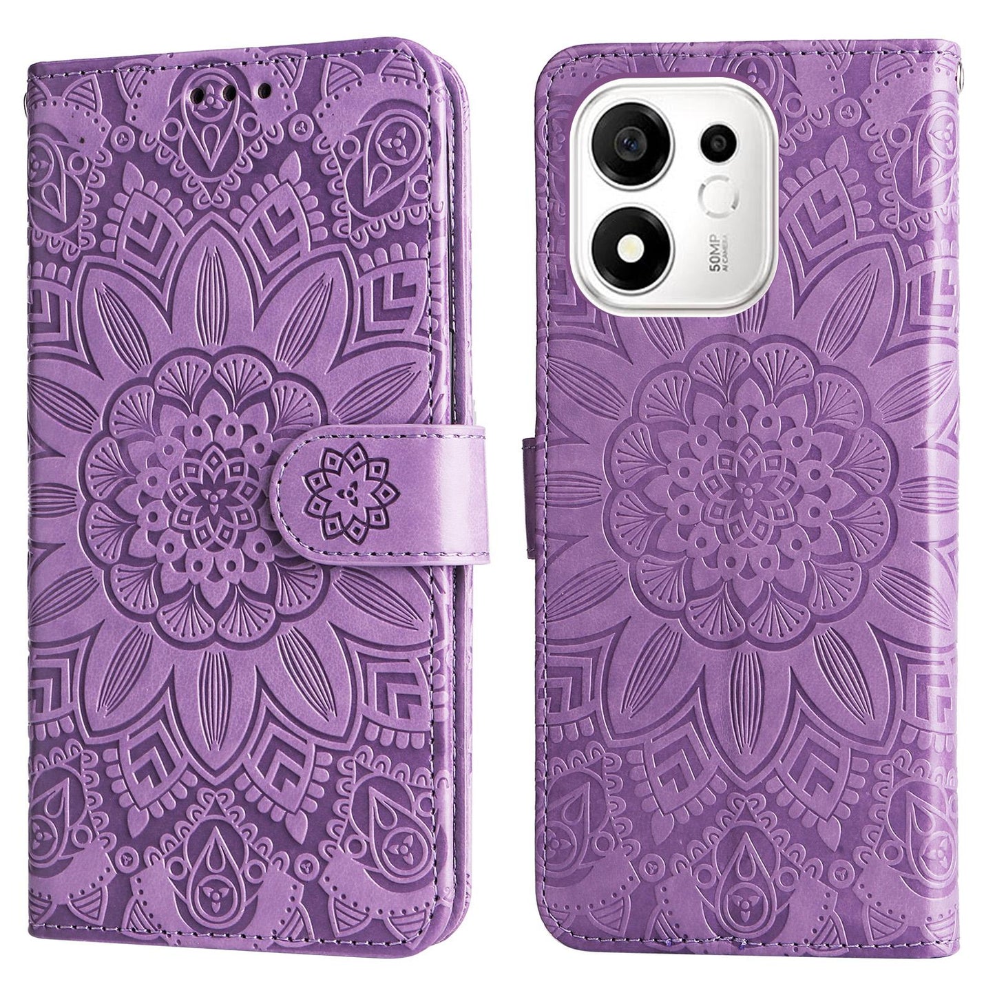 For Honor 600 Smart 5G Embossed Sunflower Leather Phone Case(Purple)