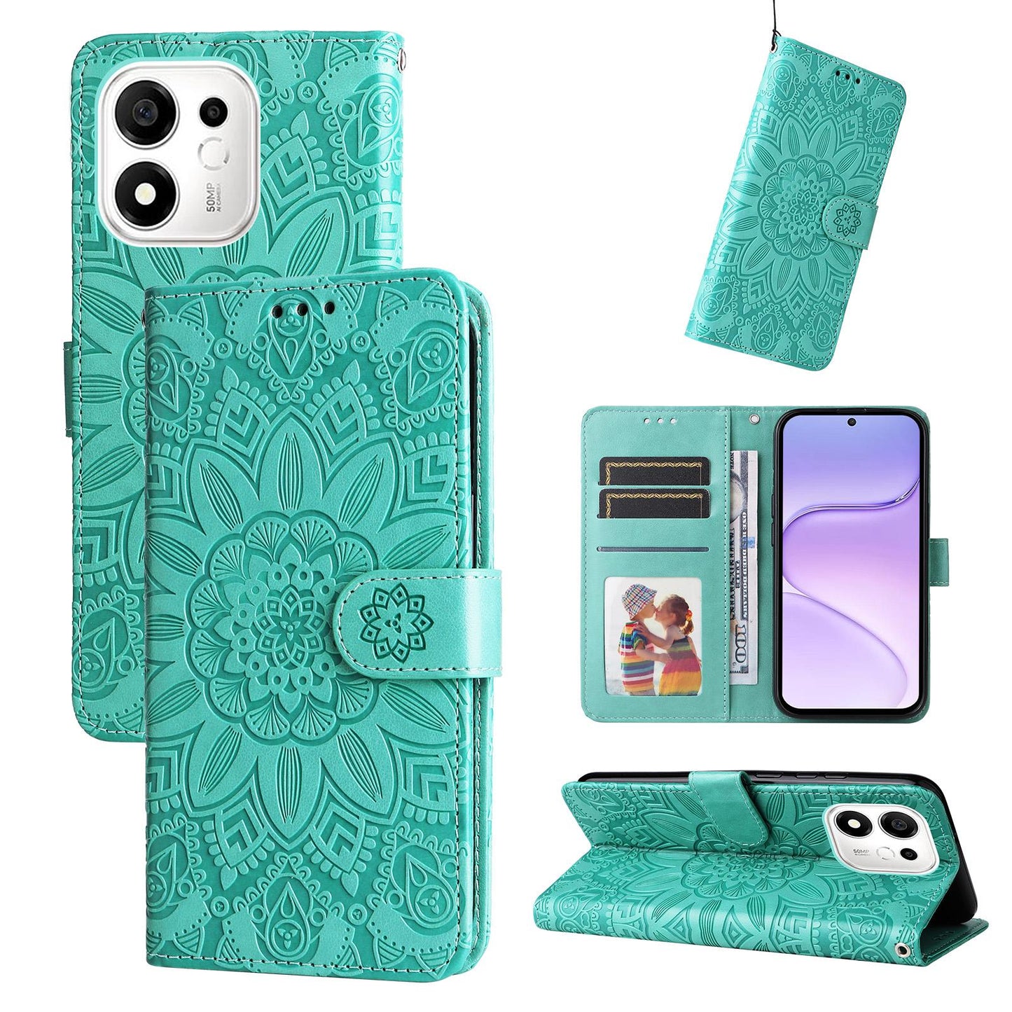 For Honor 600 Smart 5G Embossed Sunflower Leather Phone Case(Green)