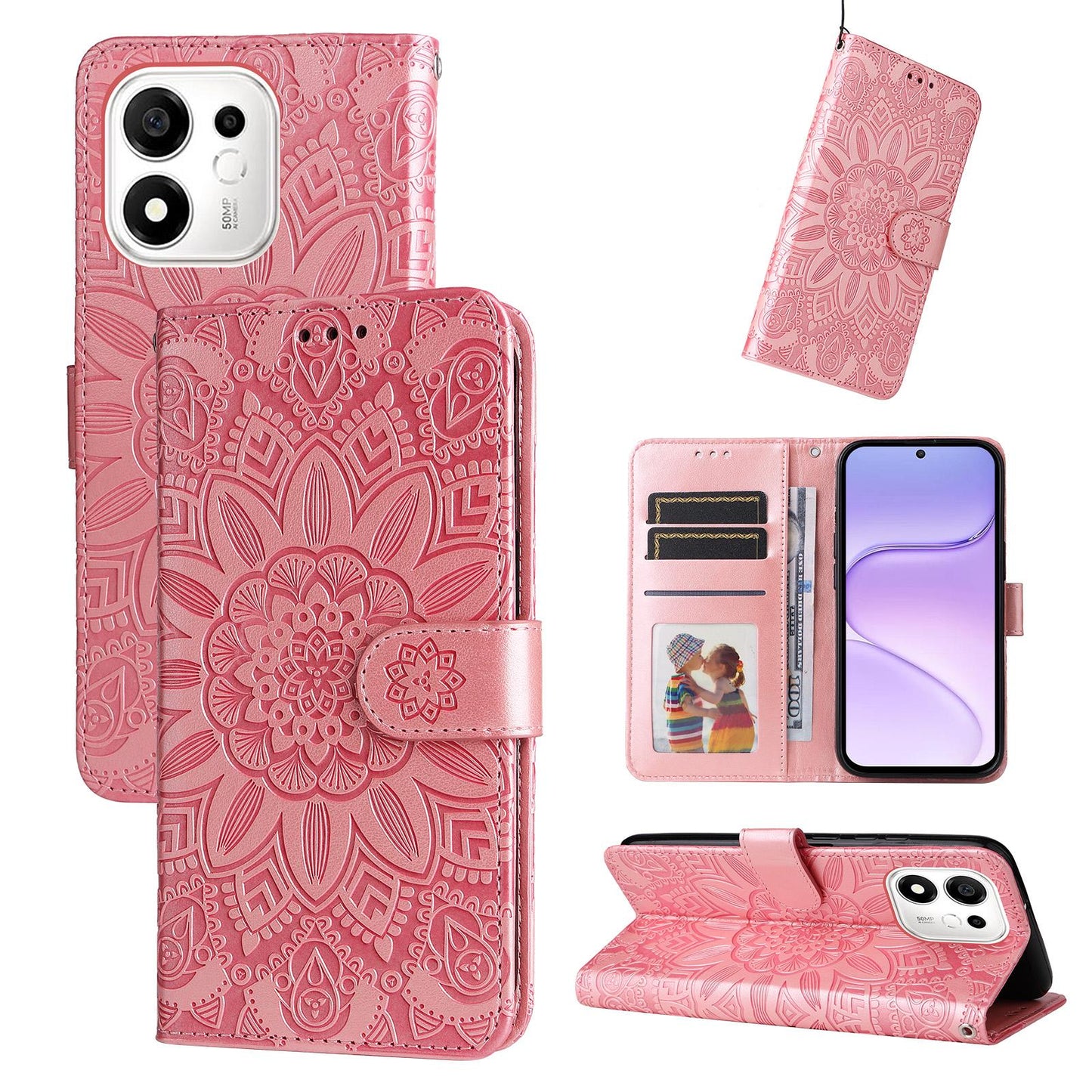 For Honor 600 Smart 5G Embossed Sunflower Leather Phone Case(Rose Gold)