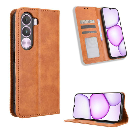 For Realme C100i 4G / C100x 4G Magnetic Buckle Retro Texture Leather Phone Case - Brown - EDA004679150D