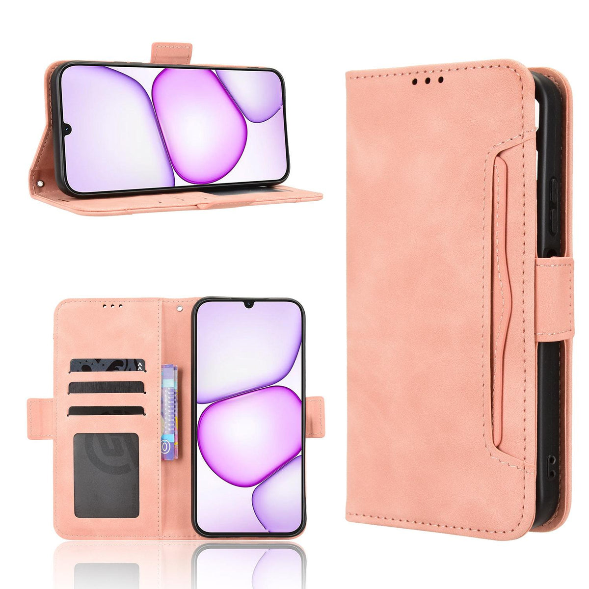For Realme C100i 4G / C100x 4G Skin Feel Calf Texture Card Slots Leather Phone Case - Pink - EDA004684450A