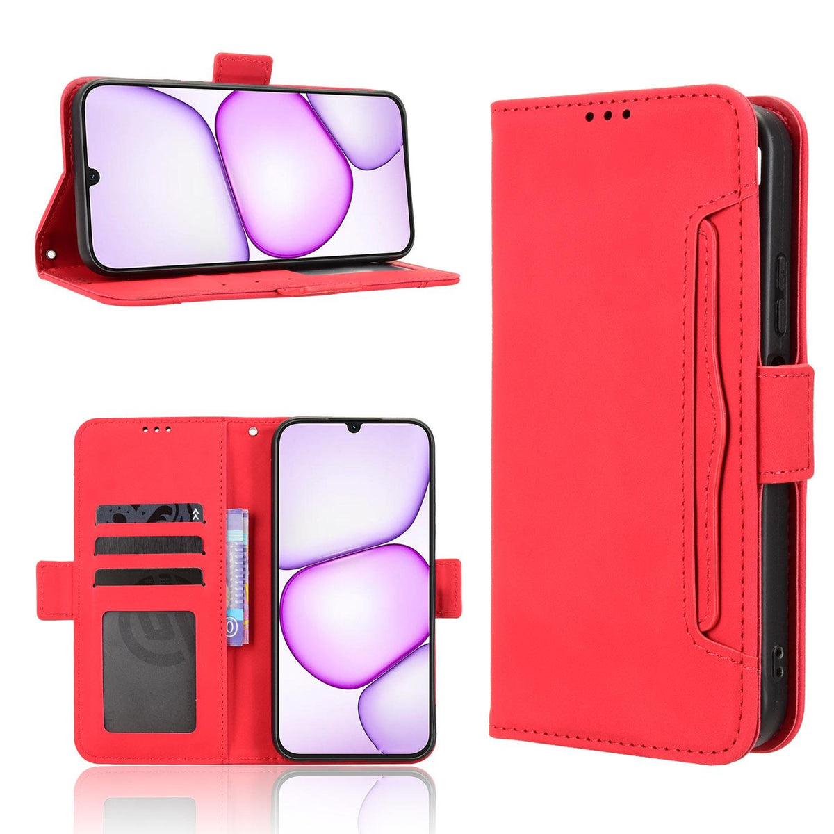 For Realme C100i 4G / C100x 4G Skin Feel Calf Texture Card Slots Leather Phone Case - Red - EDA004684450C