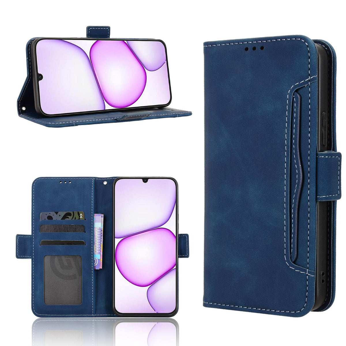 For Realme C100i 4G / C100x 4G Skin Feel Calf Texture Card Slots Leather Phone Case - Blue - EDA004684450D