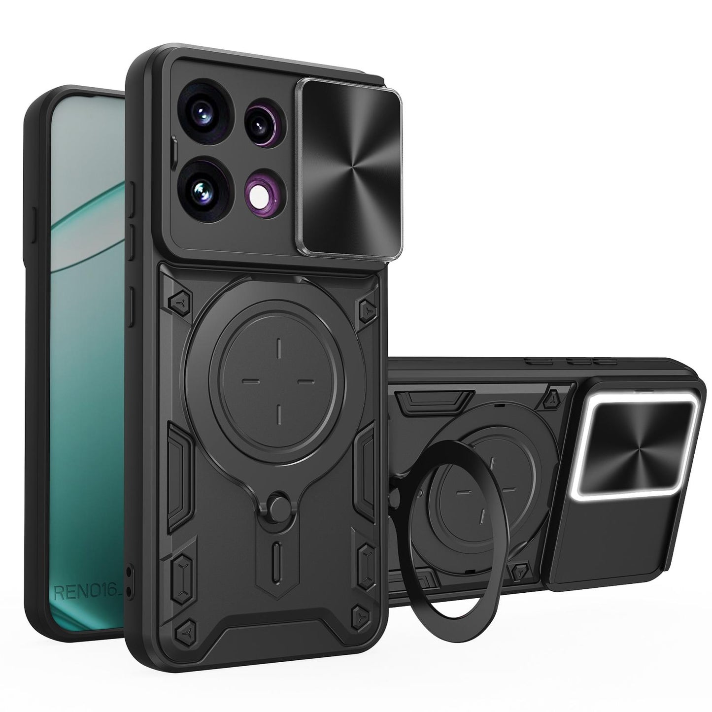 For OPPO Reno16 F 5G CD Texture Sliding Camshield Magnetic Holder Phone Case(Black)