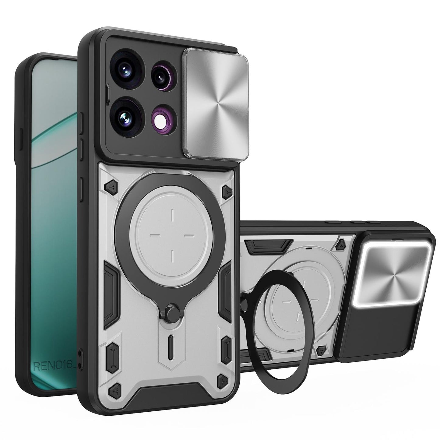 For OPPO Reno16 F 5G CD Texture Sliding Camshield Magnetic Holder Phone Case(Silver)