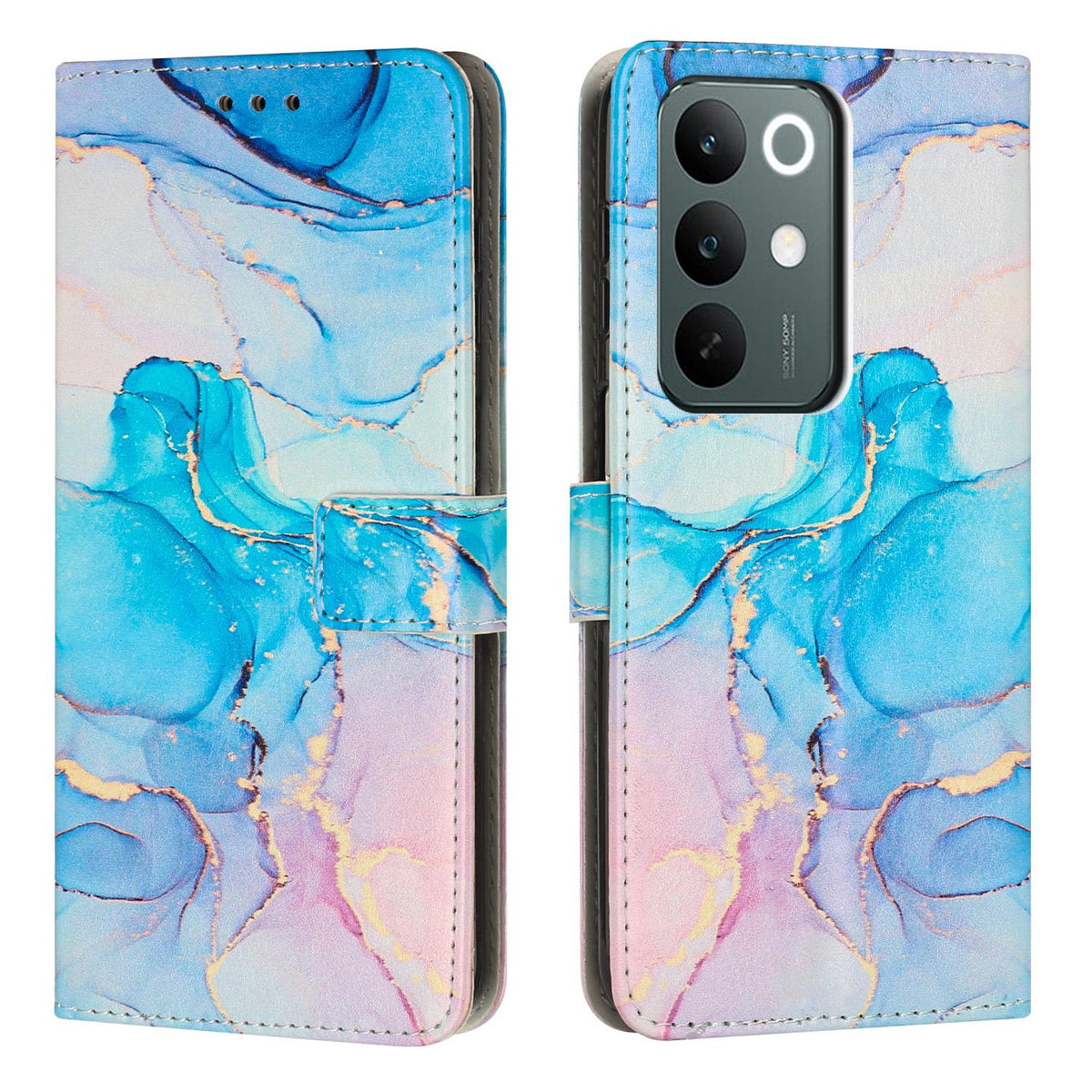 For Realme C100 / C100i / C100x 4G Painted Marble Pattern Leather Phone Case - Pink Green - EDA004871125D