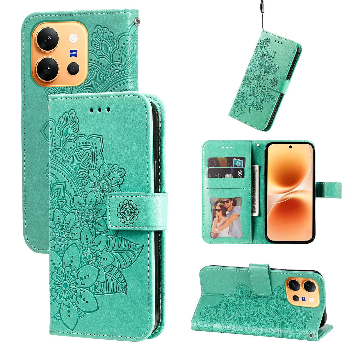 For vivo X300 E 5G Seven-petal Flowers Embossing Leather Phone Case - Green - EDA004899635C