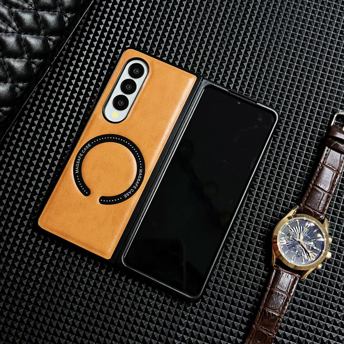 For Galaxy Z Fold8 Ultra 5G Crazy Horse Texture Magnetic Magsafe PU Phone Case - Orange - EDA004981604A