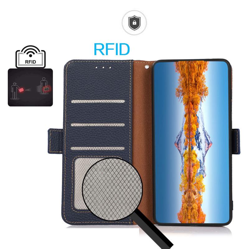 For Motorola Edge 70 Max 5G KHAZNEH Side-Magnetic Litchi Genuine Leather RFID Phone Case(Blue)