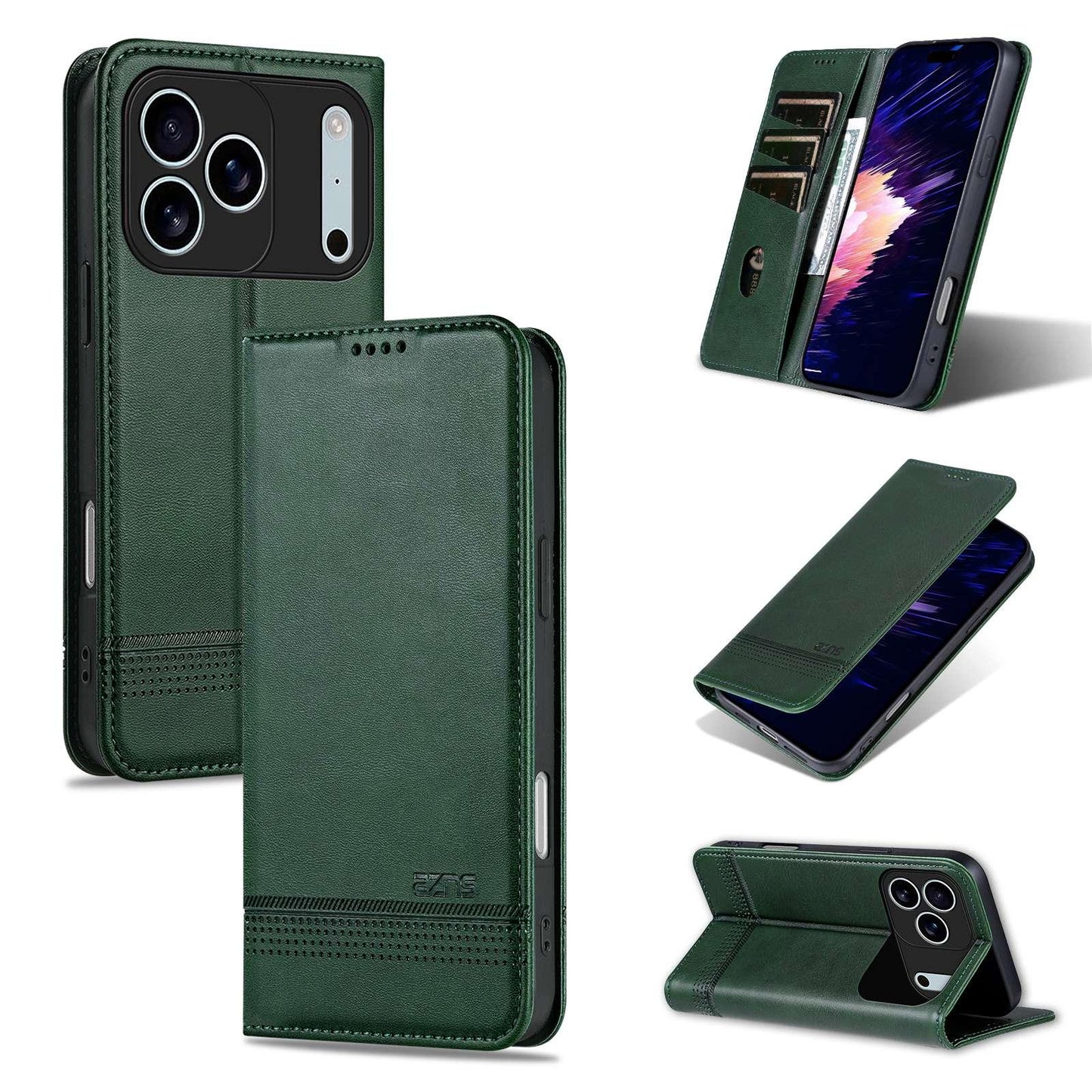 For iPhone 18 Pro AZNS Magnetic Calf Texture Flip Leather Phone Case(Dark Green)