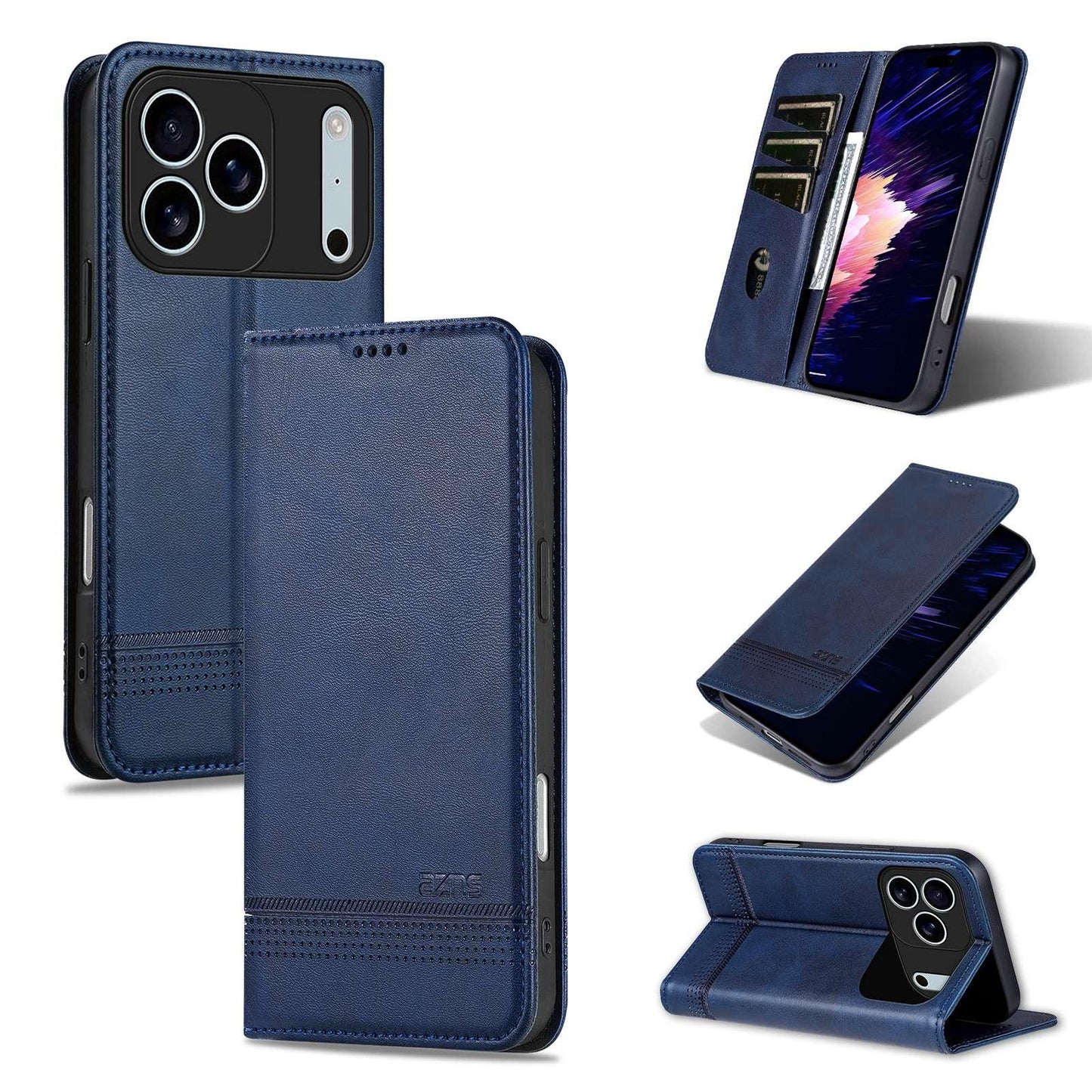 For iPhone 18 Pro AZNS Magnetic Calf Texture Flip Leather Phone Case(Dark Blue)