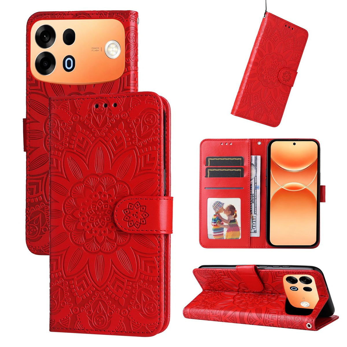 For OPPO A7 Pro Max 5G Embossed Sunflower Leather Phone Case - Red - EDA005189132A