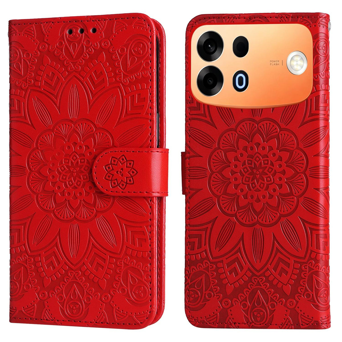 For OPPO A7 Pro Max 5G Embossed Sunflower Leather Phone Case - Red - EDA005189132A