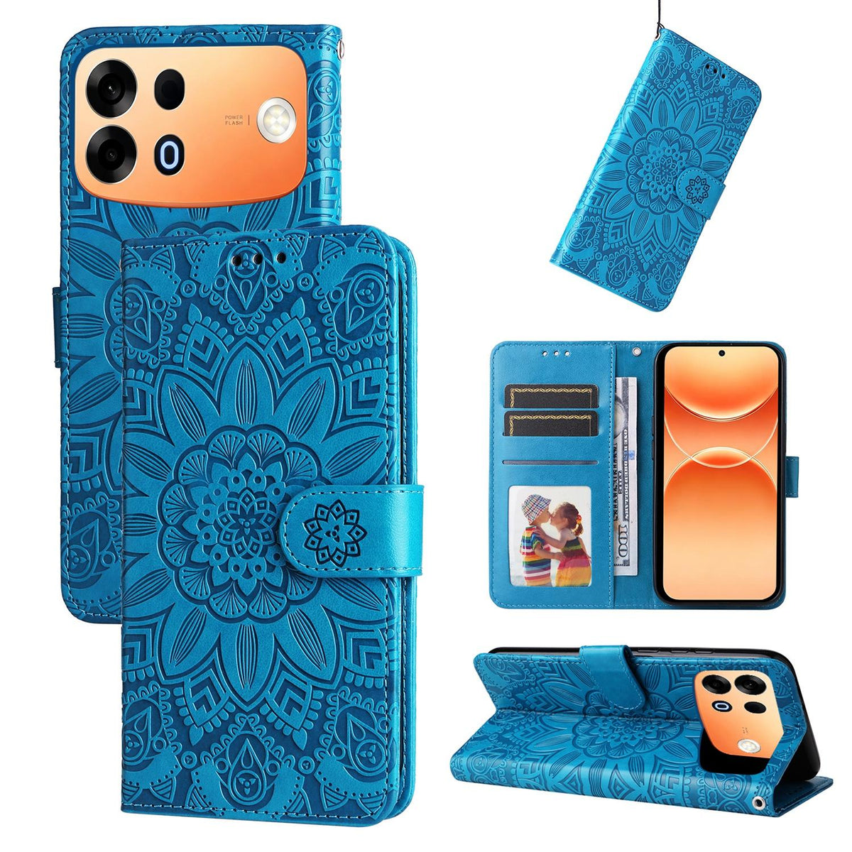 For OPPO A7 Pro Max 5G Embossed Sunflower Leather Phone Case - Blue - EDA005189132B