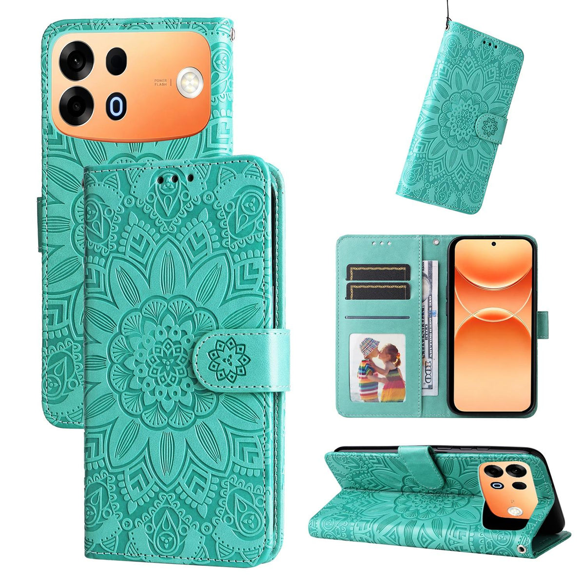 For OPPO A7 Pro Max 5G Embossed Sunflower Leather Phone Case - Green - EDA005189132D