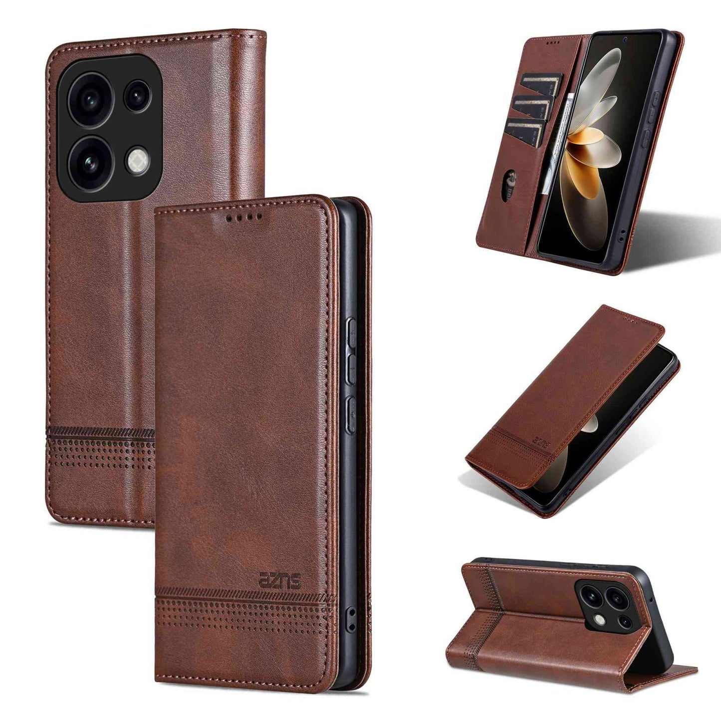 For OPPO Reno16 Pro 5G Global AZNS Magnetic Calf Texture Flip Leather Phone Case(Dark Brown)
