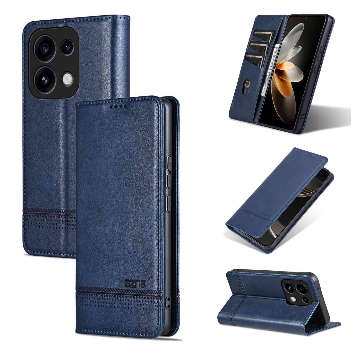 For OPPO Reno16 Pro 5G Global AZNS Magnetic Calf Texture Flip Leather Phone Case(Dark Blue)