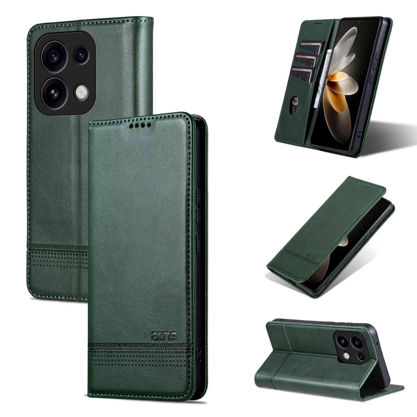 For OPPO Reno16 Pro 5G Global AZNS Magnetic Calf Texture Flip Leather Phone Case(Dark Green)