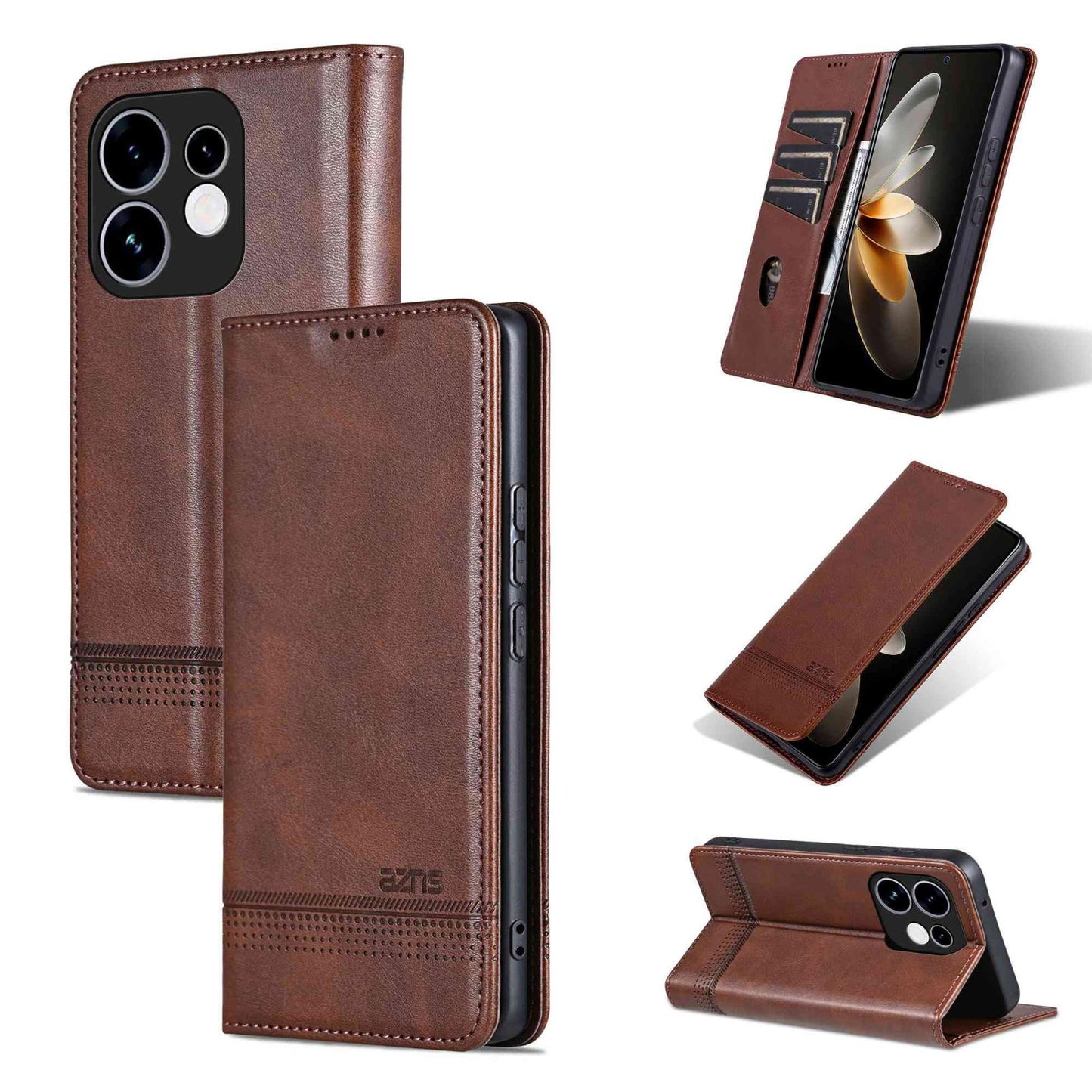 For OPPO Reno16 5G Global AZNS Magnetic Calf Texture Flip Leather Phone Case(Dark Brown)