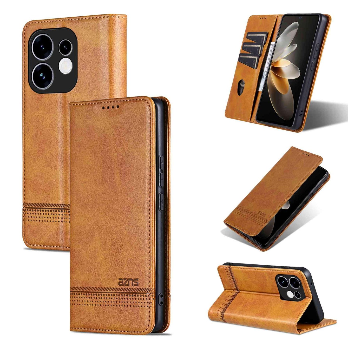 For OPPO Reno16 5G Global AZNS Magnetic Calf Texture Flip Leather Phone Case(Light Brown)