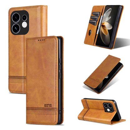 For OPPO Reno16 5G Global AZNS Magnetic Calf Texture Flip Leather Phone Case(Light Brown)