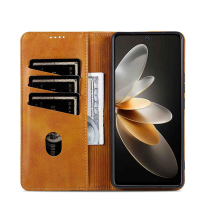 For OPPO Reno16 5G Global AZNS Magnetic Calf Texture Flip Leather Phone Case(Light Brown)