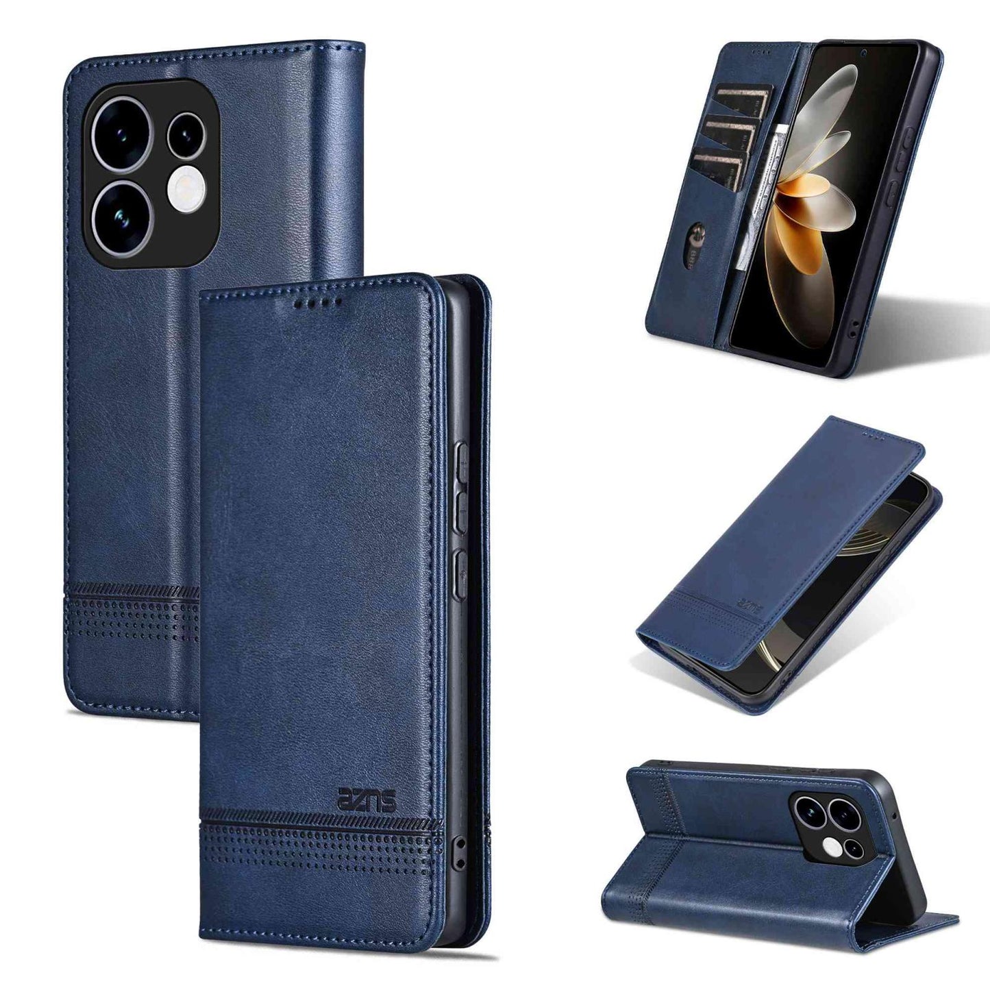 For OPPO Reno16 5G Global AZNS Magnetic Calf Texture Flip Leather Phone Case(Dark Blue)