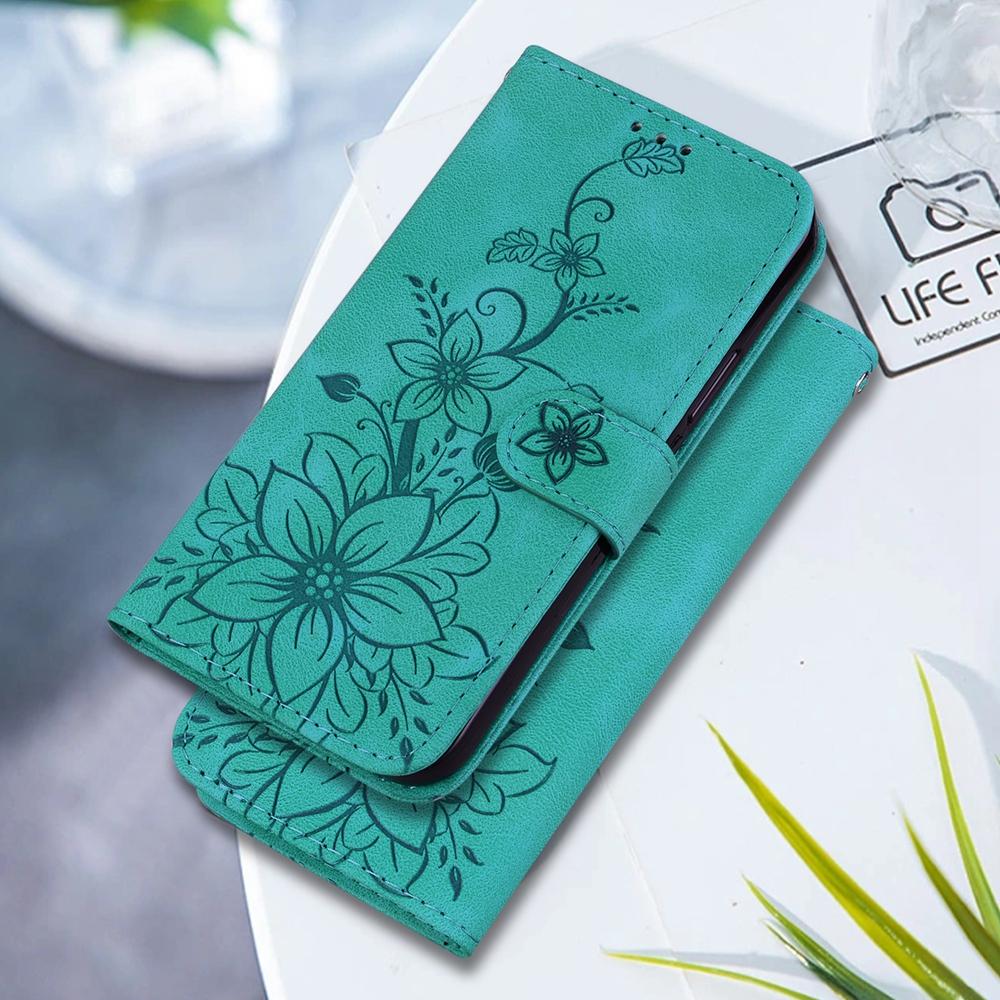 For OPPO A6c 4G Lily Embossed Leather Phone Case - Green - EDA005255447A
