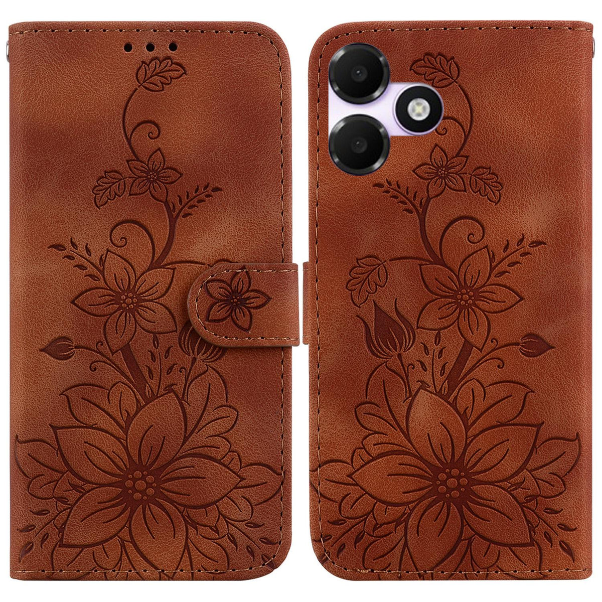 For OPPO A6c 4G Lily Embossed Leather Phone Case - Brown - EDA005255447C