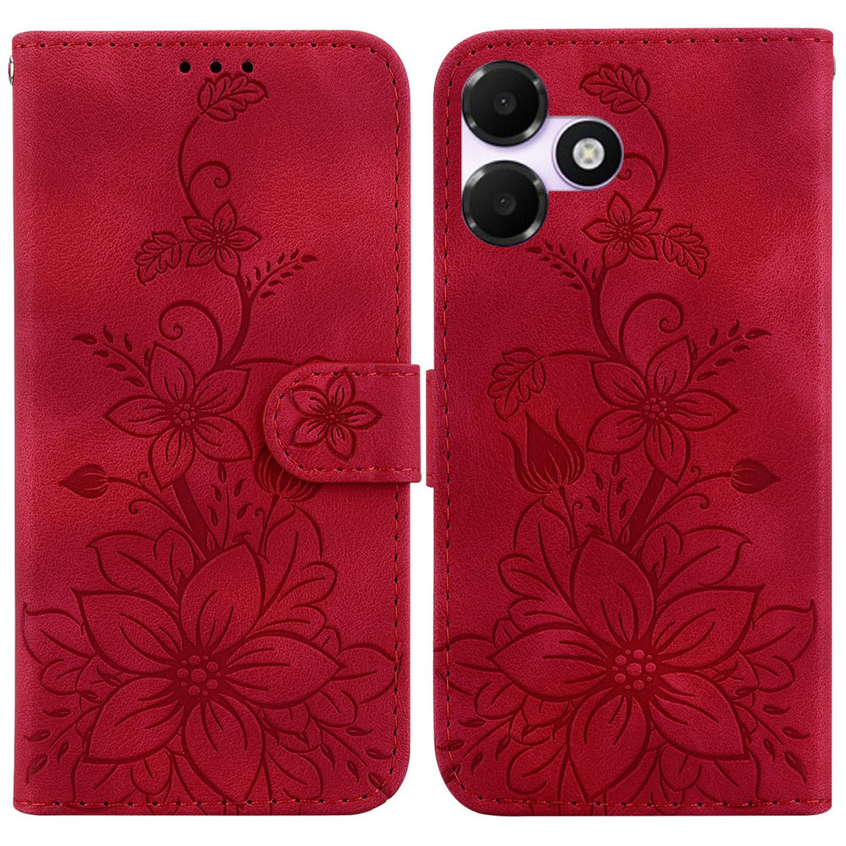 For OPPO A6c 4G Lily Embossed Leather Phone Case - Red - EDA005255447E