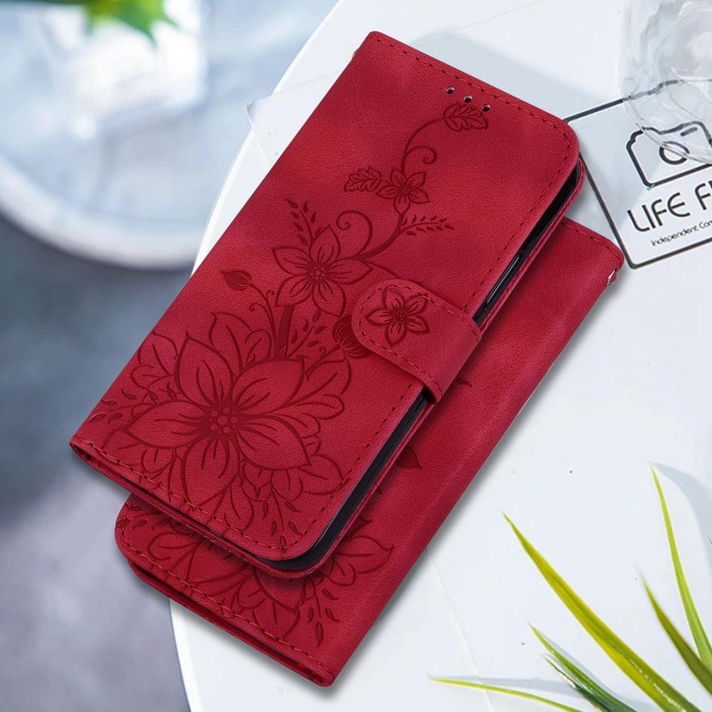 For OPPO A6c 4G Lily Embossed Leather Phone Case - Red - EDA005255447E