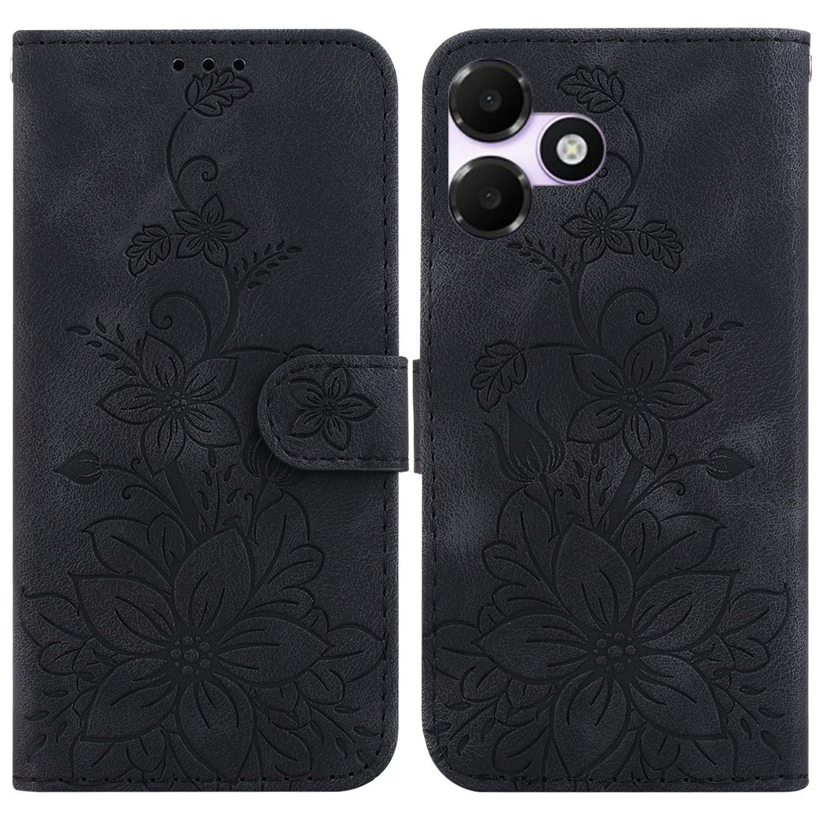 For OPPO A6c 4G Lily Embossed Leather Phone Case - Black - EDA005255447F