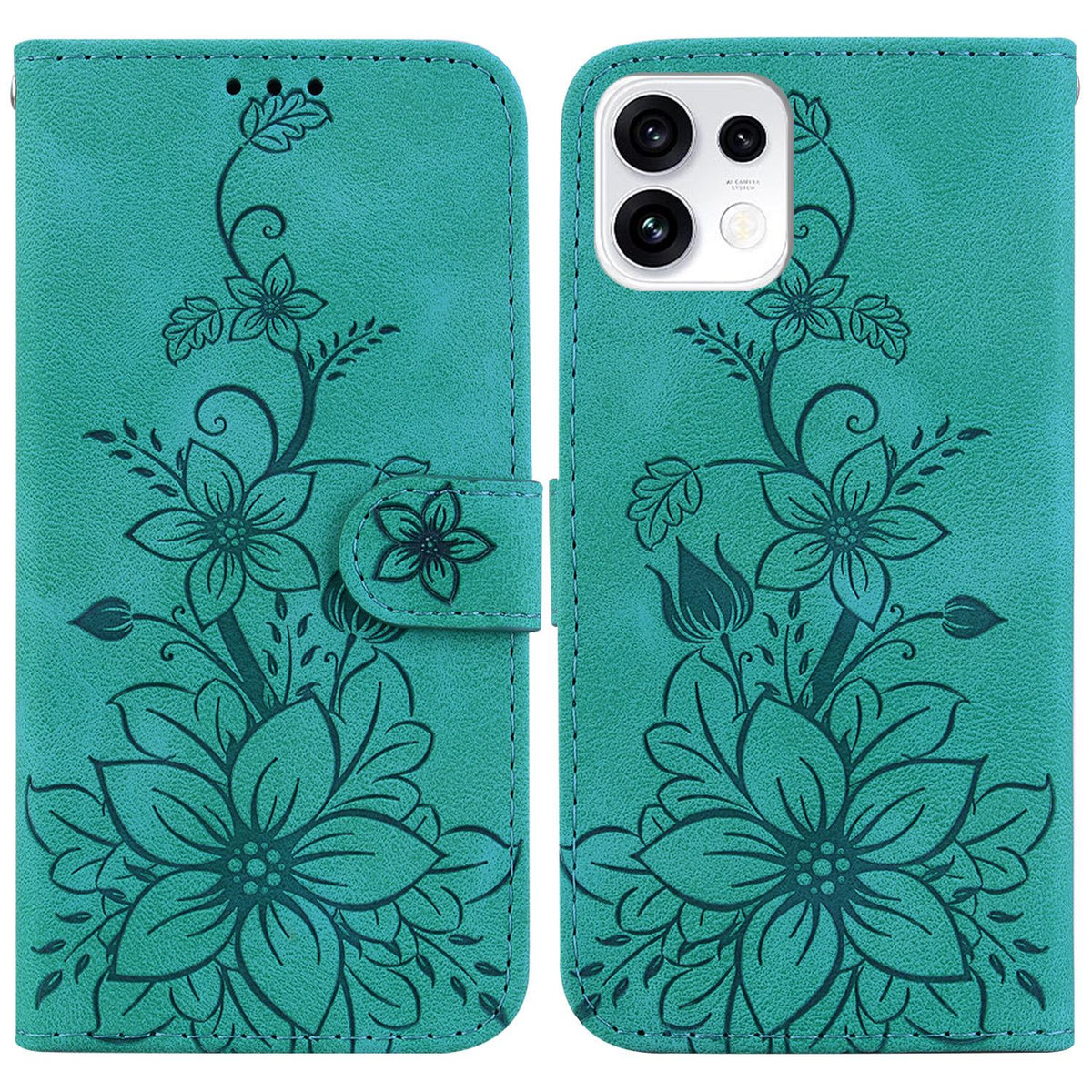 For OPPO Reno16 5G / Reno16 Pro 5G Global Lily Embossed Leather Phone Case - Green - EDA005255448A