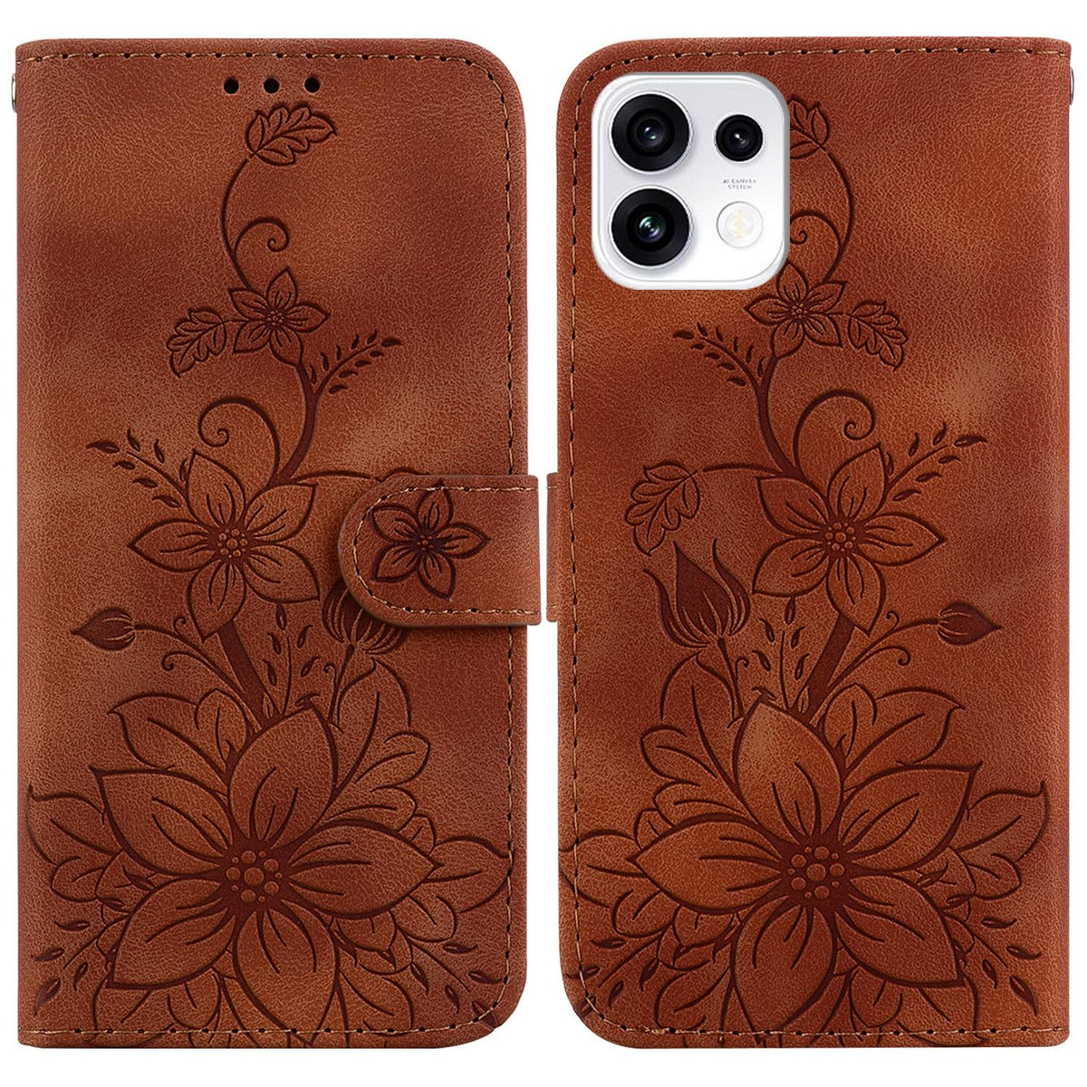 For OPPO Reno16 5G / Reno16 Pro 5G Global Lily Embossed Leather Phone Case - Brown - EDA005255448C