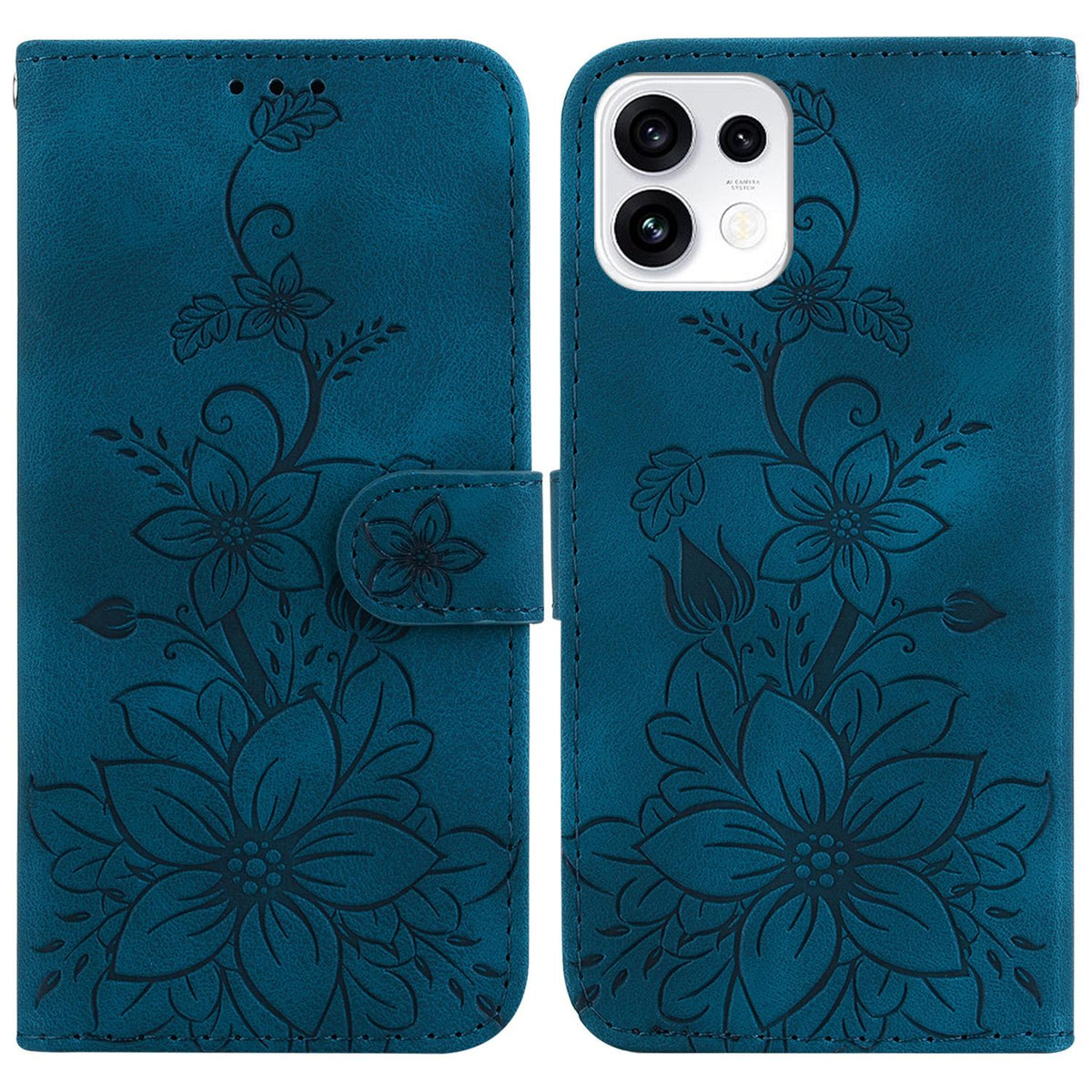 For OPPO Reno16 5G / Reno16 Pro 5G Global Lily Embossed Leather Phone Case - Dark Blue - EDA005255448D