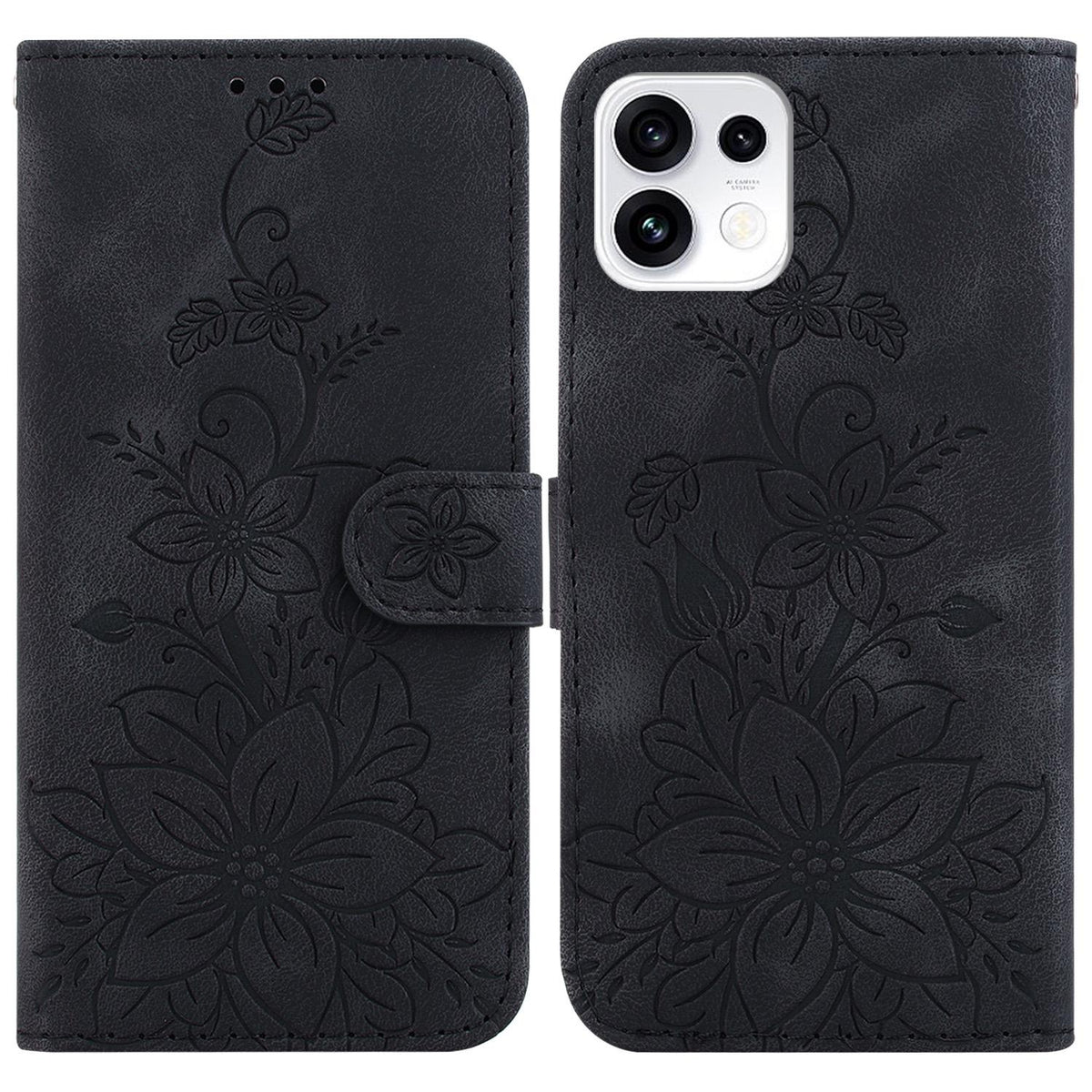 For OPPO Reno16 5G / Reno16 Pro 5G Global Lily Embossed Leather Phone Case - Black - EDA005255448F