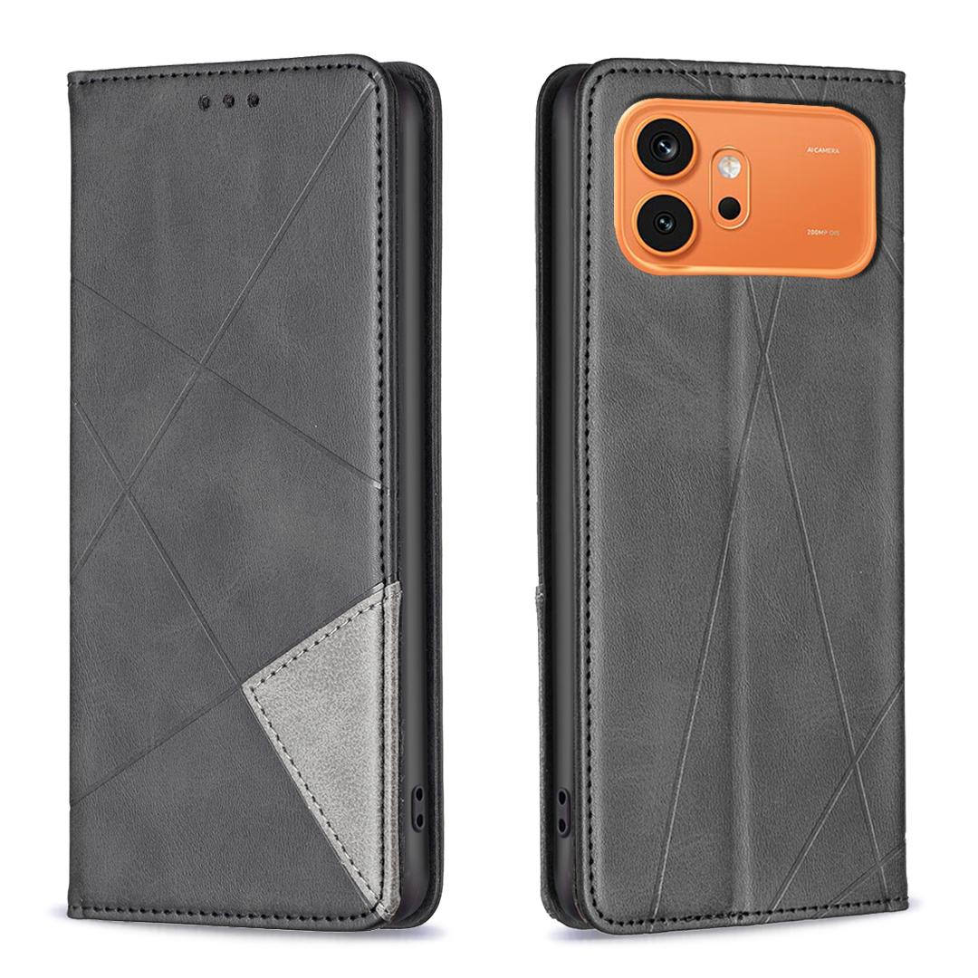 For Honor 600 Global Rhombus Texture Magnetic Leather Phone Case - Black - EDA005570422E