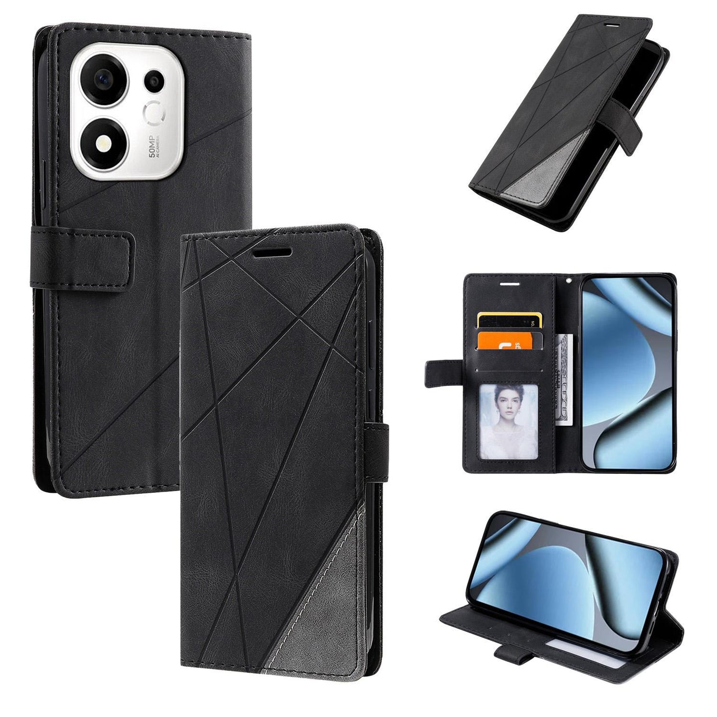 For Honor 600 Smart 5G Skin Feel Splicing Leather Phone Case(Black)