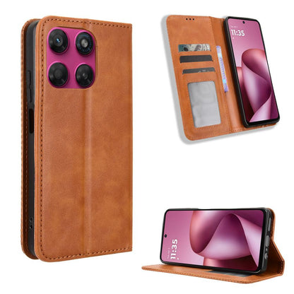 For Motorola Moto G37 / G47 / G37 Power Magnetic Buckle Retro Texture Leather Phone Case - Brown - EDA005674142D