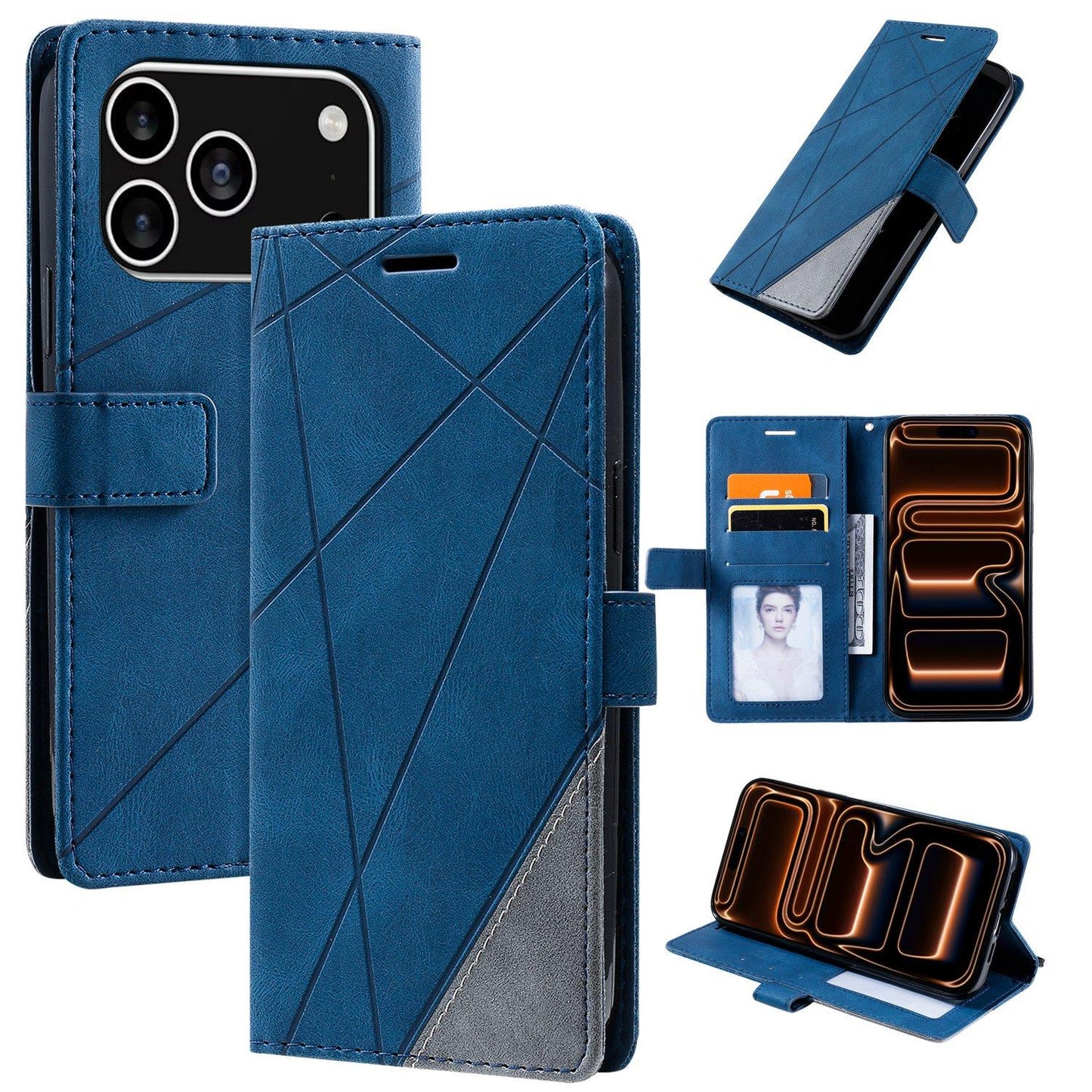 For iPhone 17 Pro Skin Feel Splicing Leather Phone Case(Blue)
